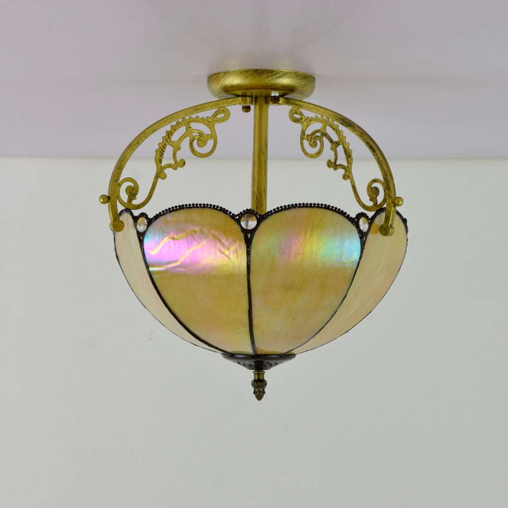 Art Nouveau Ceiling Light in Aged Gilded Mother-of-Pearl Glass