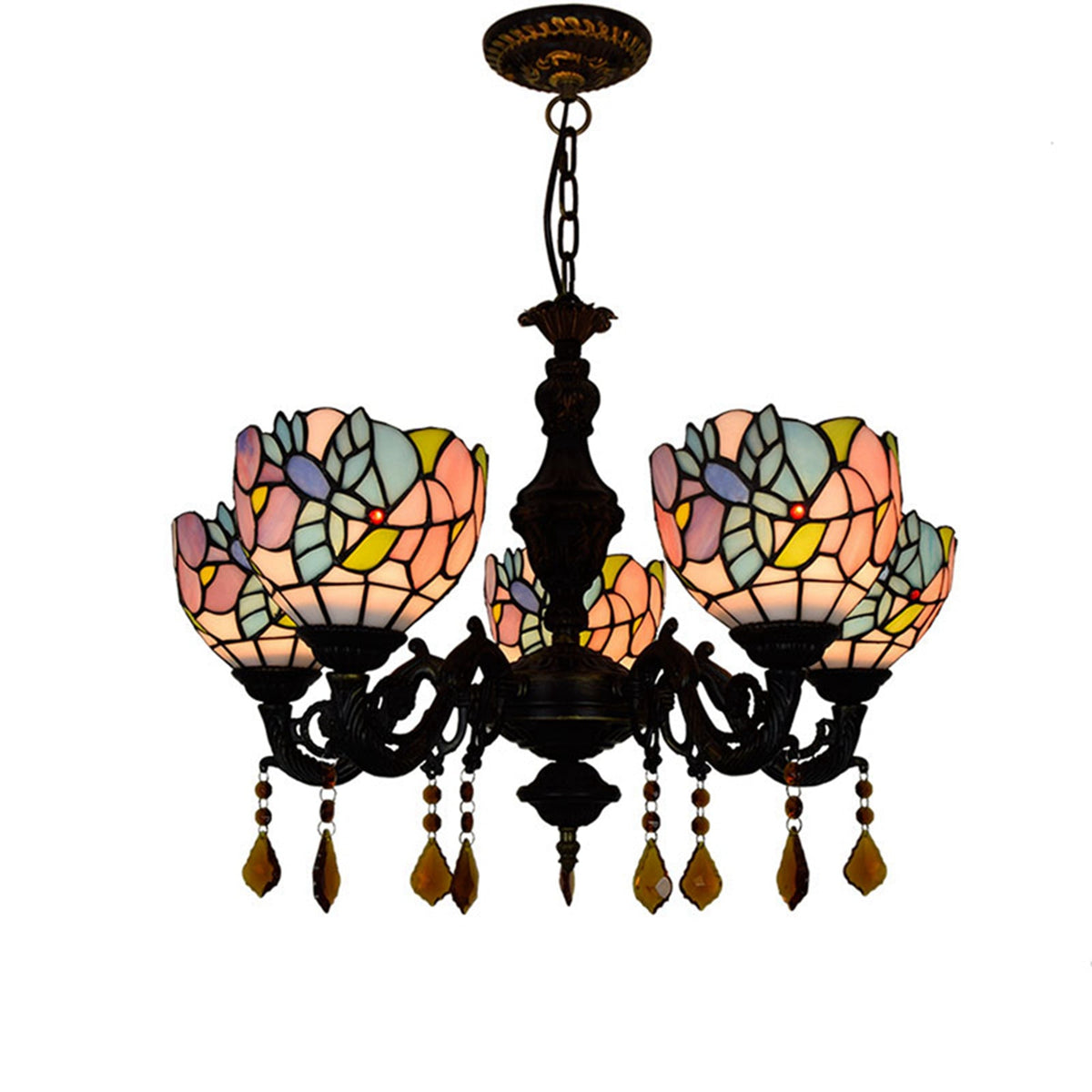 Art Nouveau chandelier in multicoloured tinted glass with 5 lights