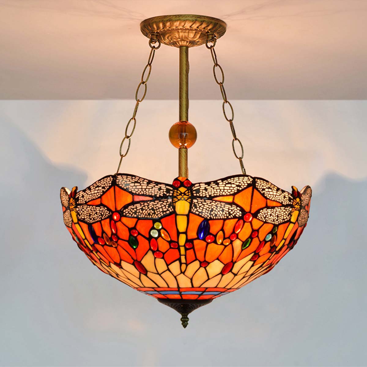 Art Nouveau Dragonfly Pendant Light in Tinted Glass