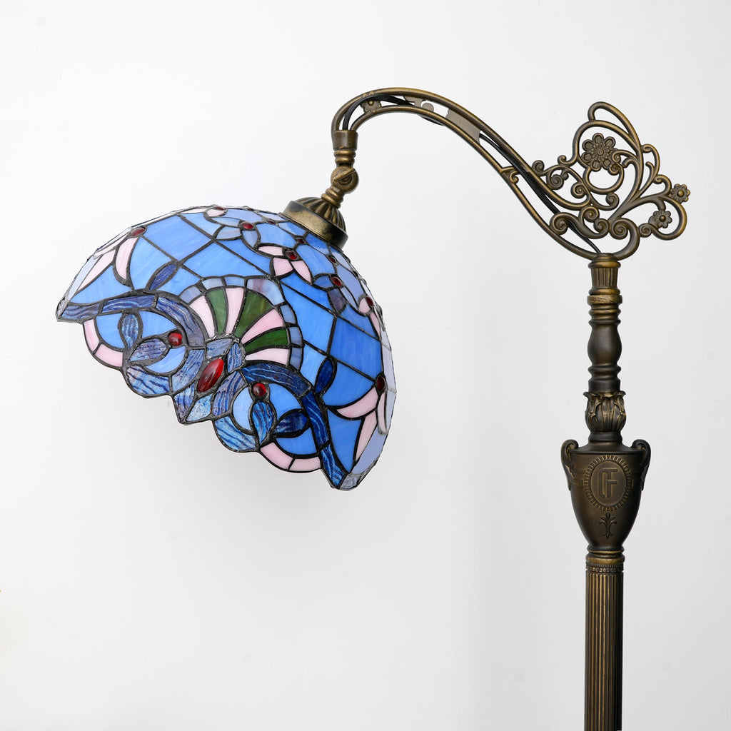 Art Nouveau Floor Lamp in Floral Blue Stained Glass