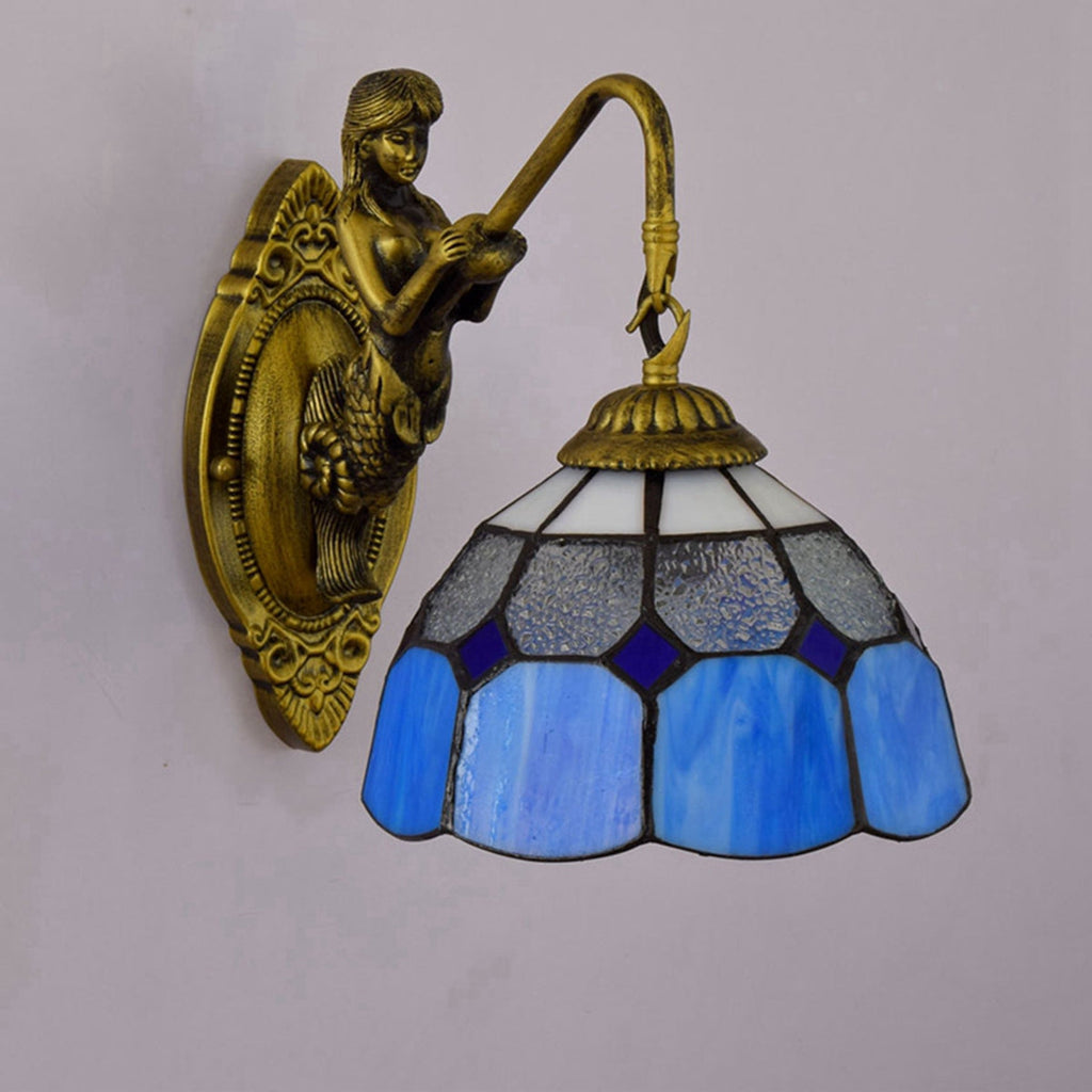 Art Nouveau Mermaid Wall Sconce in Blue Stained Glass