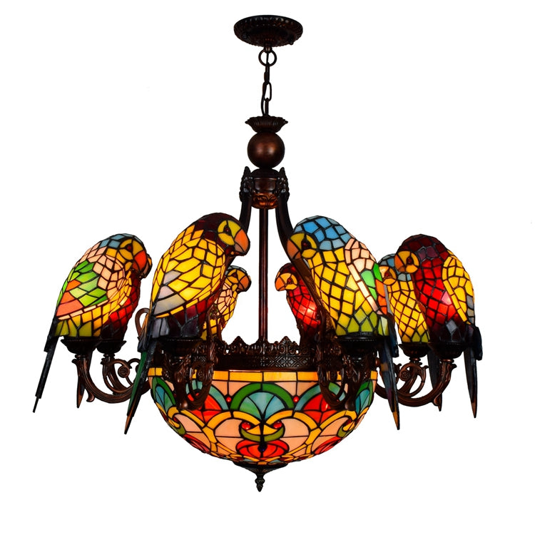 Art Nouveau Stained Glass Chandelier with Multicolored Parrots