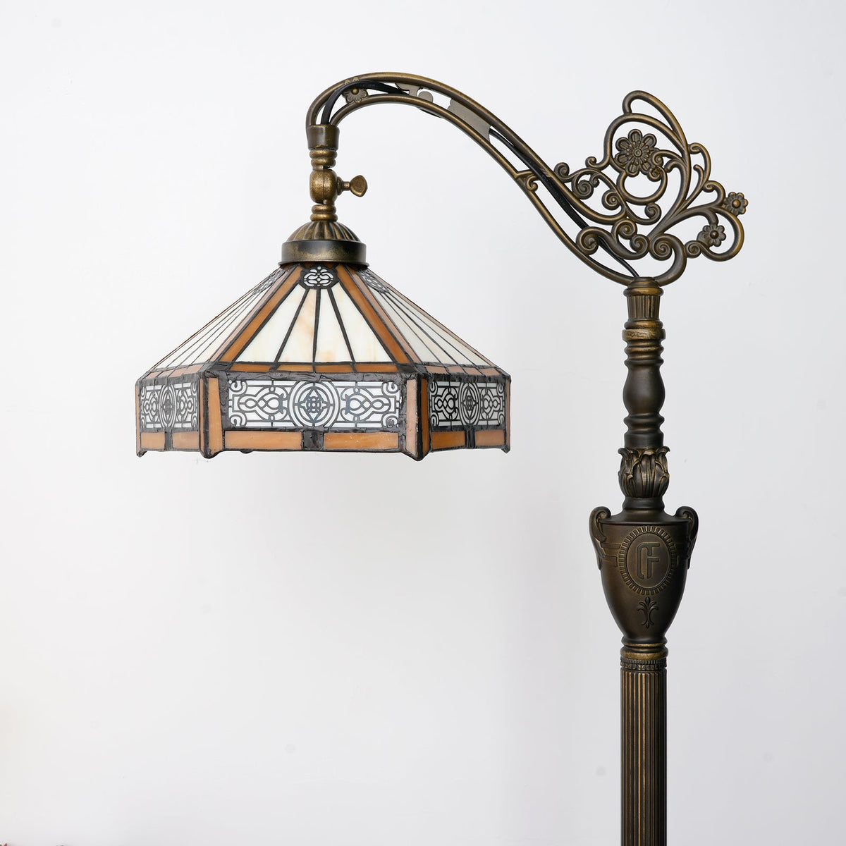 Art Nouveau stained glass floor lamp in aged bronze