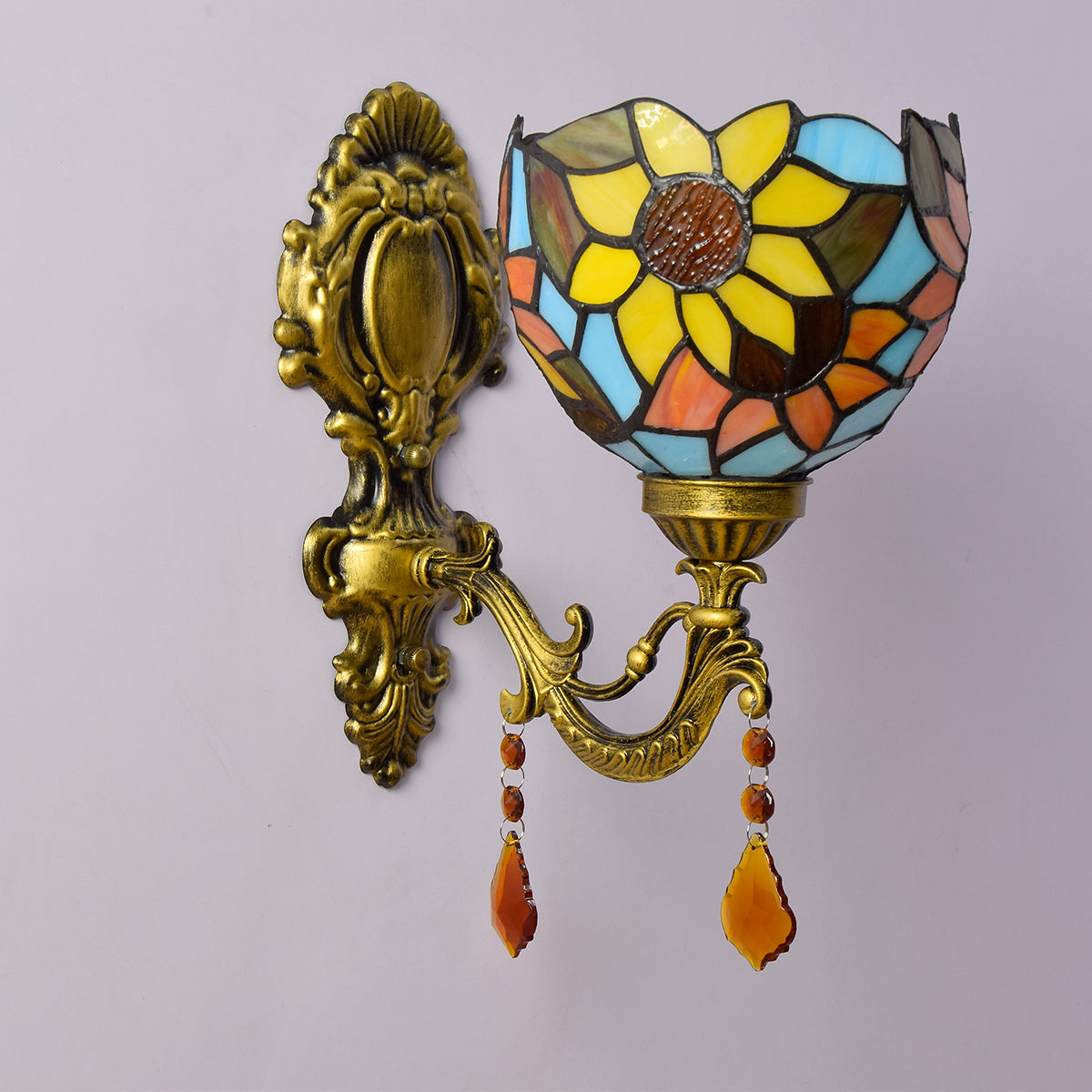 Art Nouveau Stained Glass Wall Sconce, Golden Sunflower