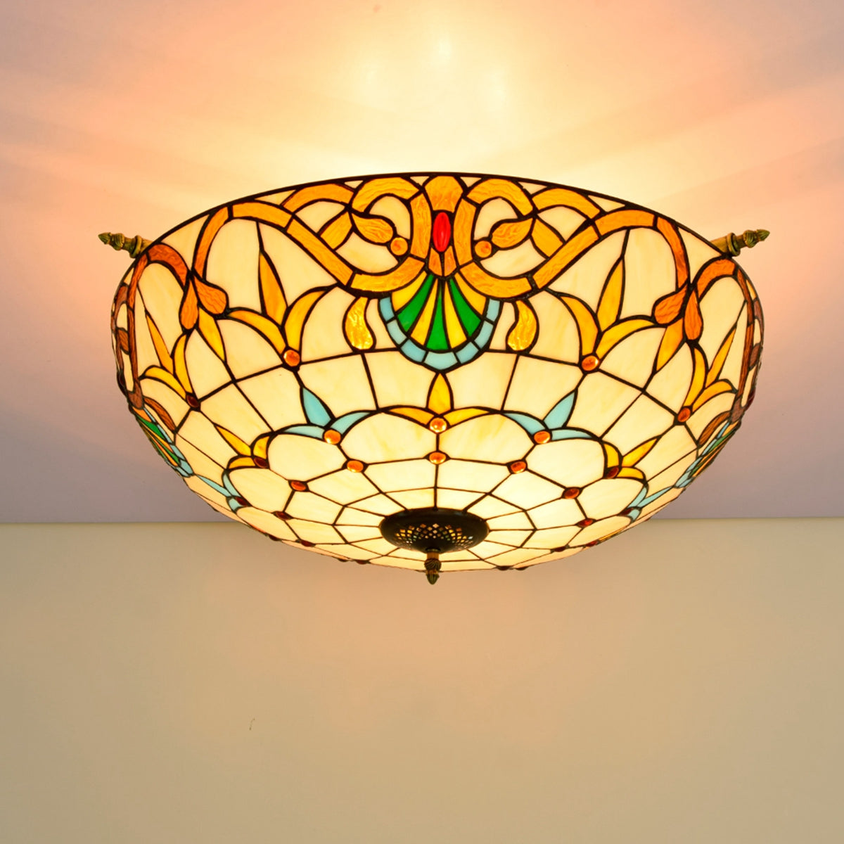 Art Nouveau Style Amber Stained Glass Dome Ceiling Light