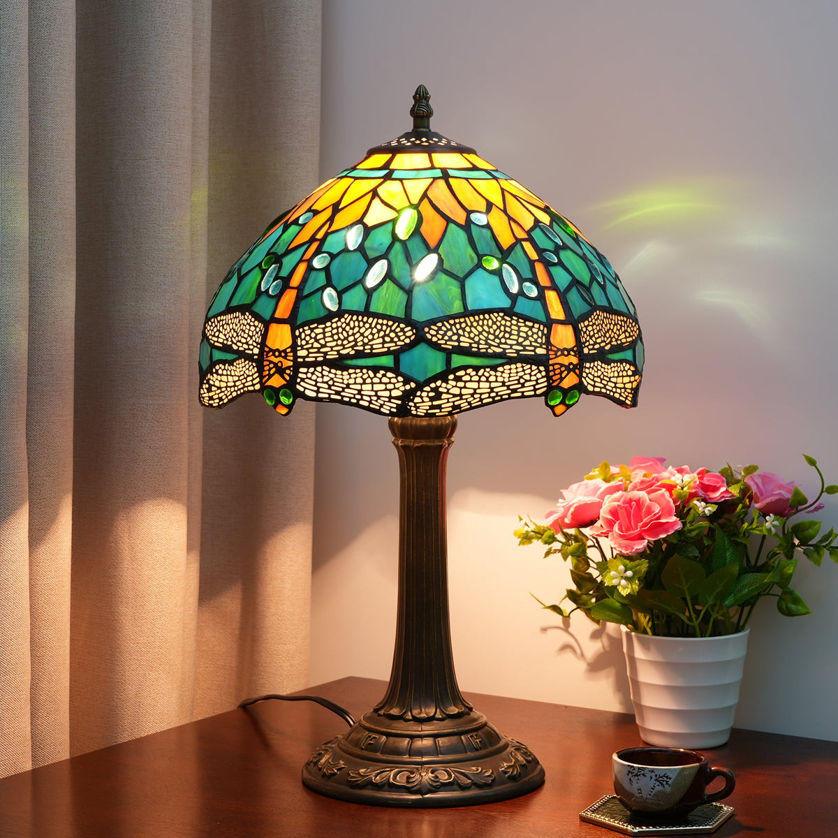 Art Nouveau Table Lamp in Stained Glass with Dragonflies