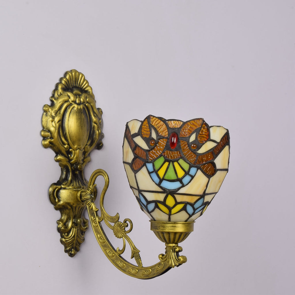 Art Nouveau Wall Sconce in Aged Brass and Stained Glass