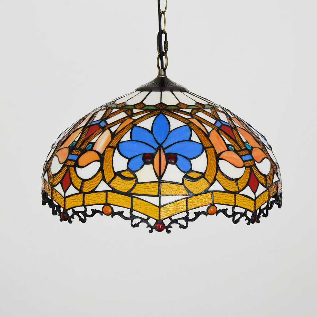 Blue and Amber Floral Tiffany Glass Pendant Light