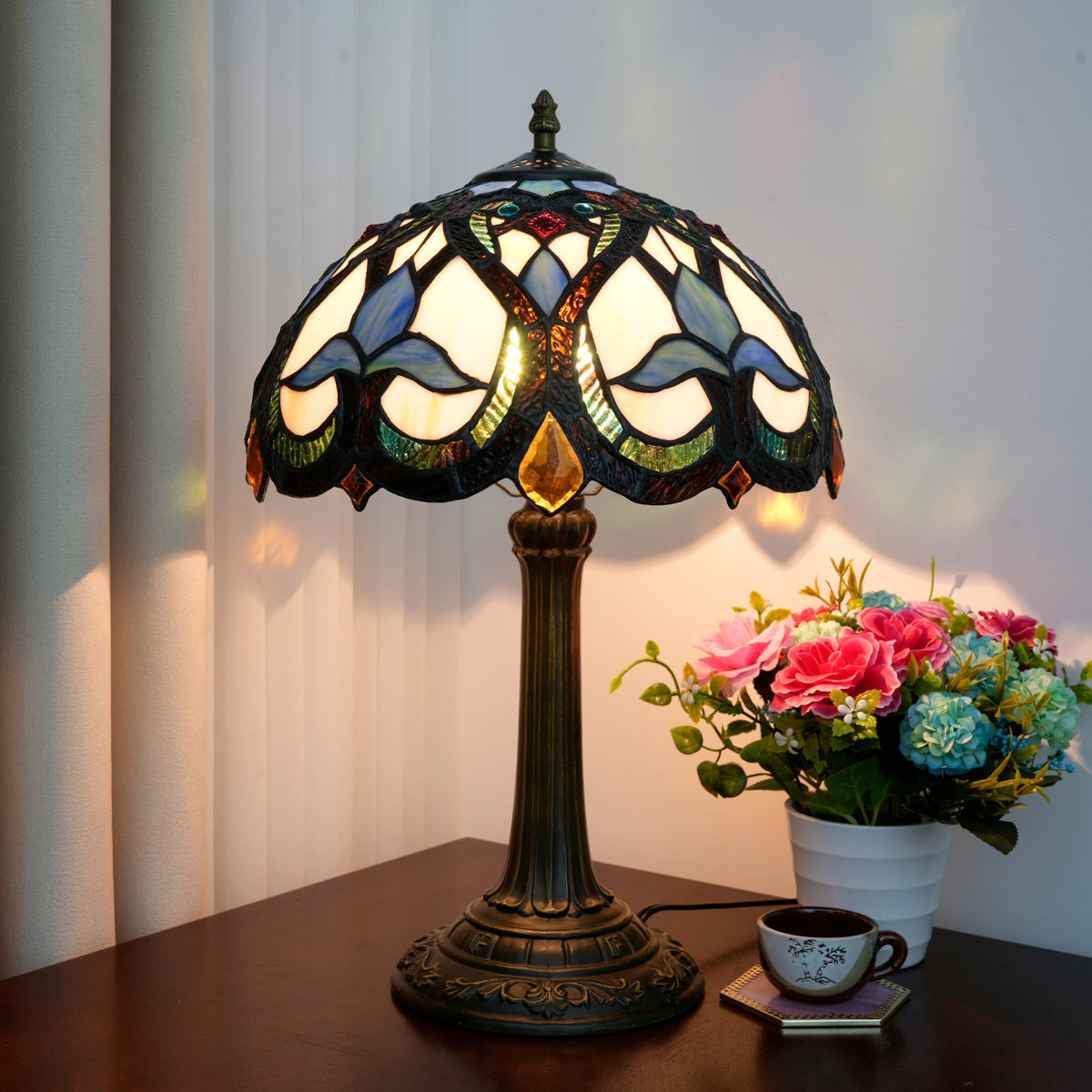 Blue and Amber Tiffany Stained Glass Table Lamp