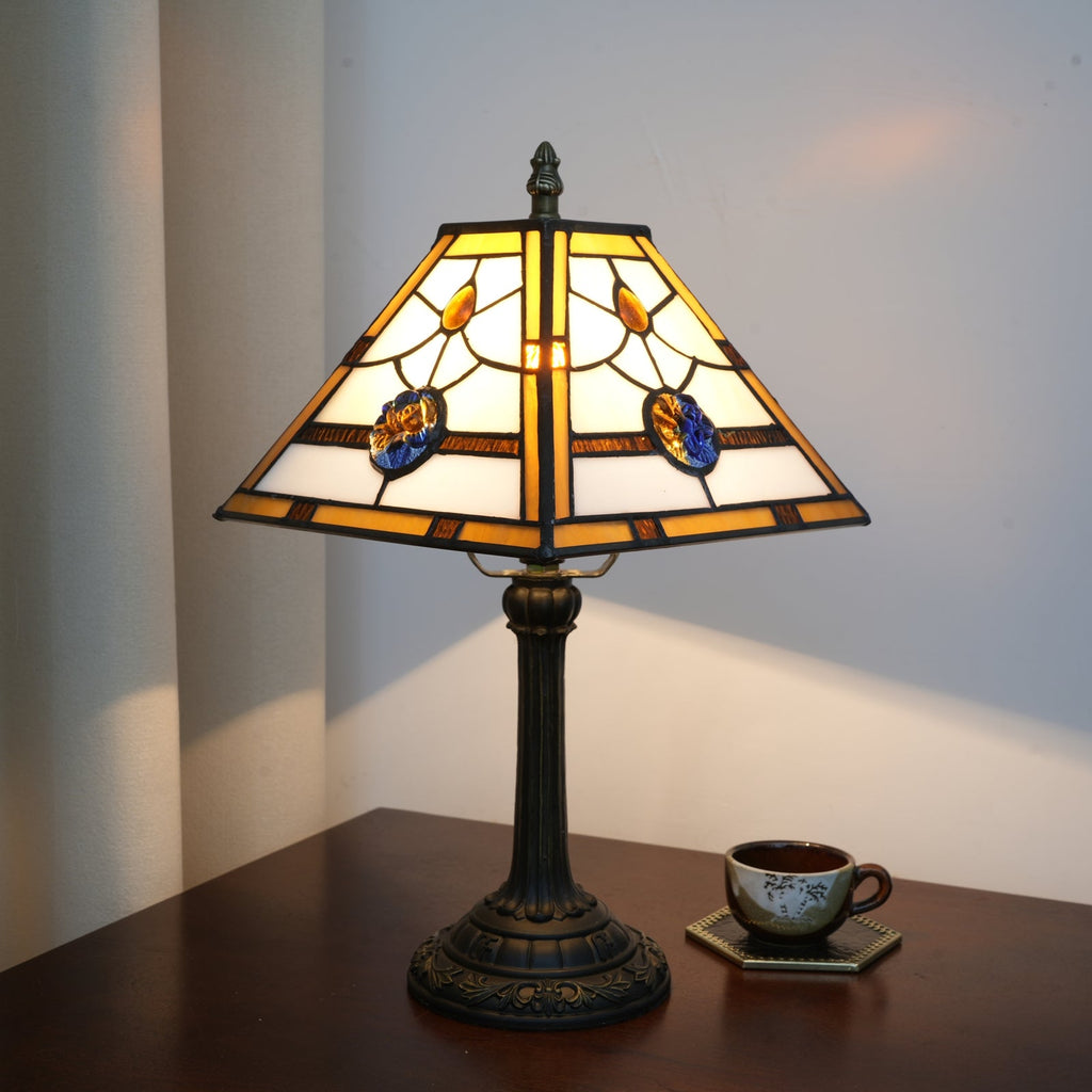 Blue and Bronze Tiffany Style Stained Glass Table Lamp