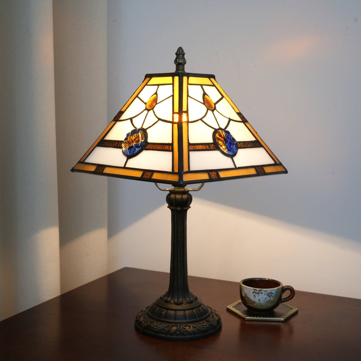 Blue and Bronze Tiffany Style Stained Glass Table Lamp