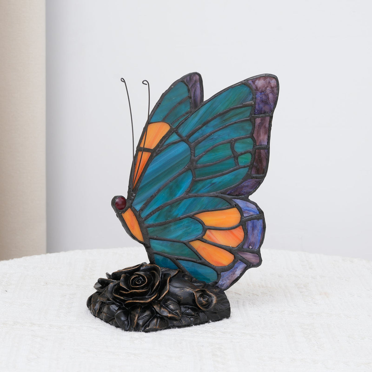 Blue and Orange Stained Glass Butterfly on Roses