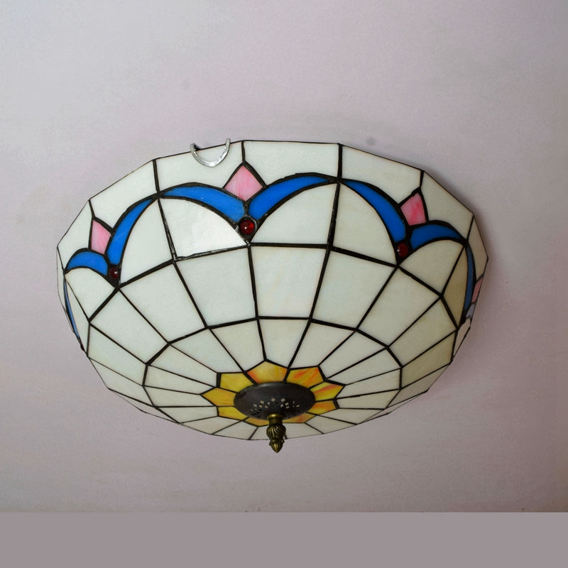 Blue and Pink Geometric Stained Glass Dome Ceiling Light