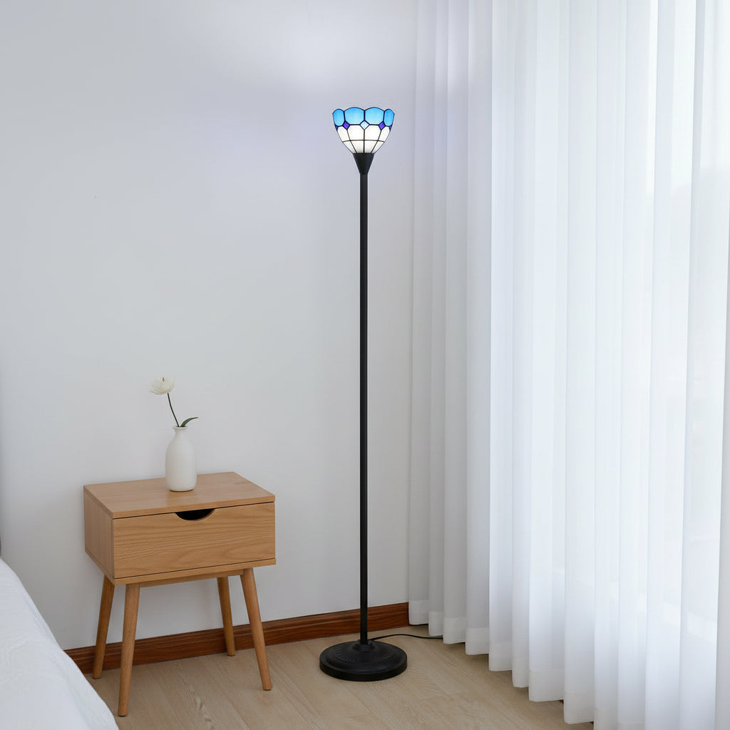 Blue and white stained glass floor lamp in the shape of a tulip