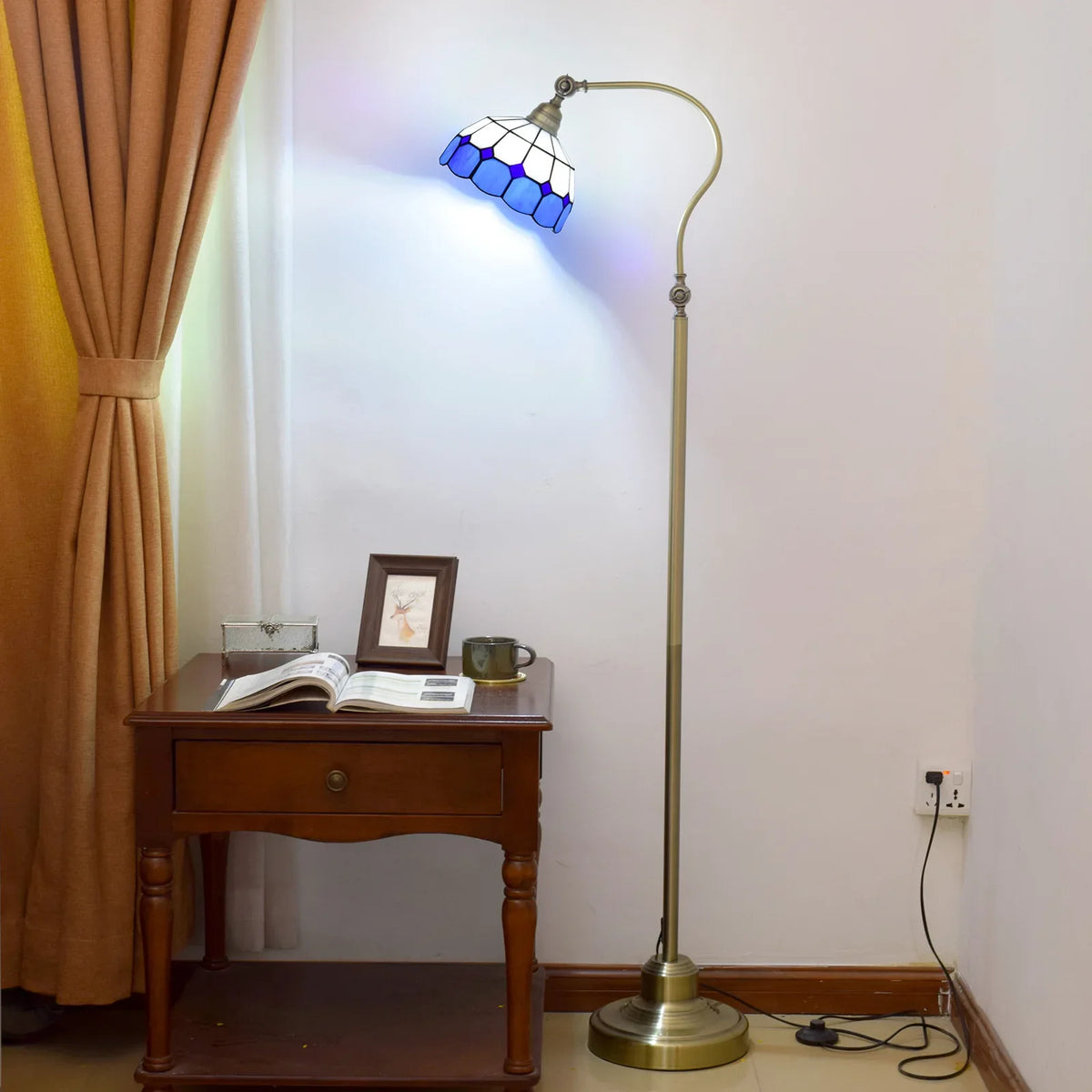 Blue Mediterranean style lamp, tinted glass floor reading lamp, antique decor, bedroom, home office, American style floor lamp