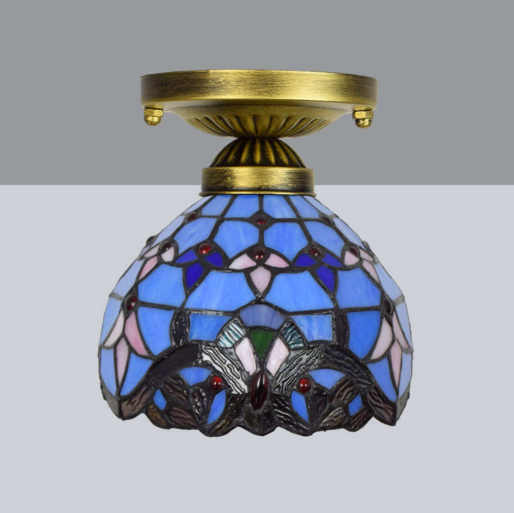 Blue Tiffany Stained Glass and Antique Brass Ceiling Light