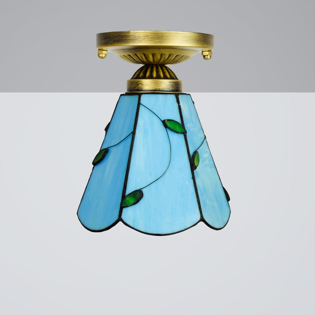 Blue Tiffany Stained Glass Ceiling Light with Green Leaves