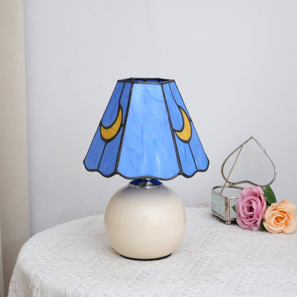 Blue Tiffany Table Lamp in Stained Glass with Moon Motif