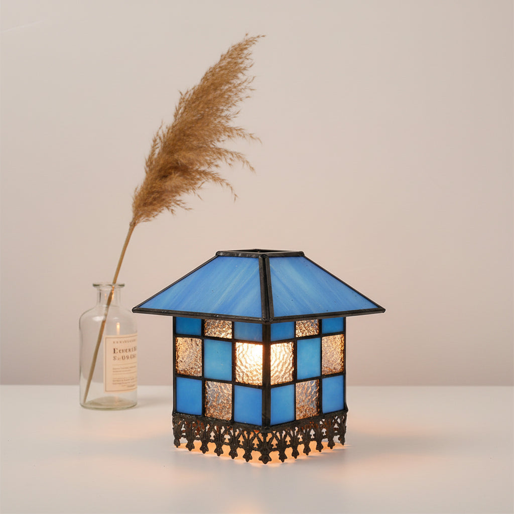 Blue tinted glass lantern lampshade with geometric checkered pattern