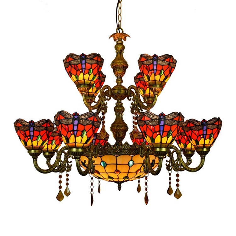 Bronze Dragonfly Tiffany Stained Glass Chandelier