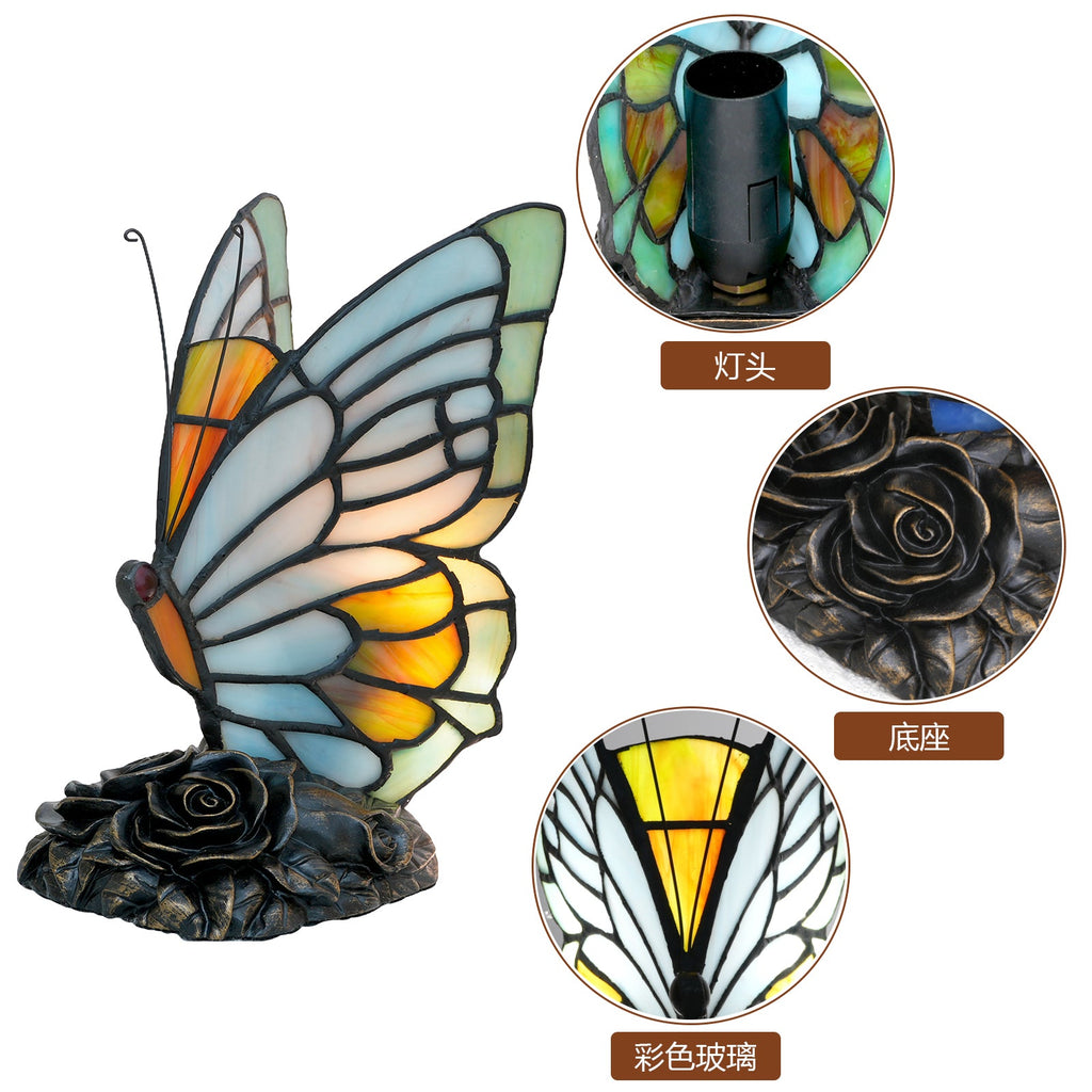 Butterfly Lamp in Multicolored Stained Glass and Roses
