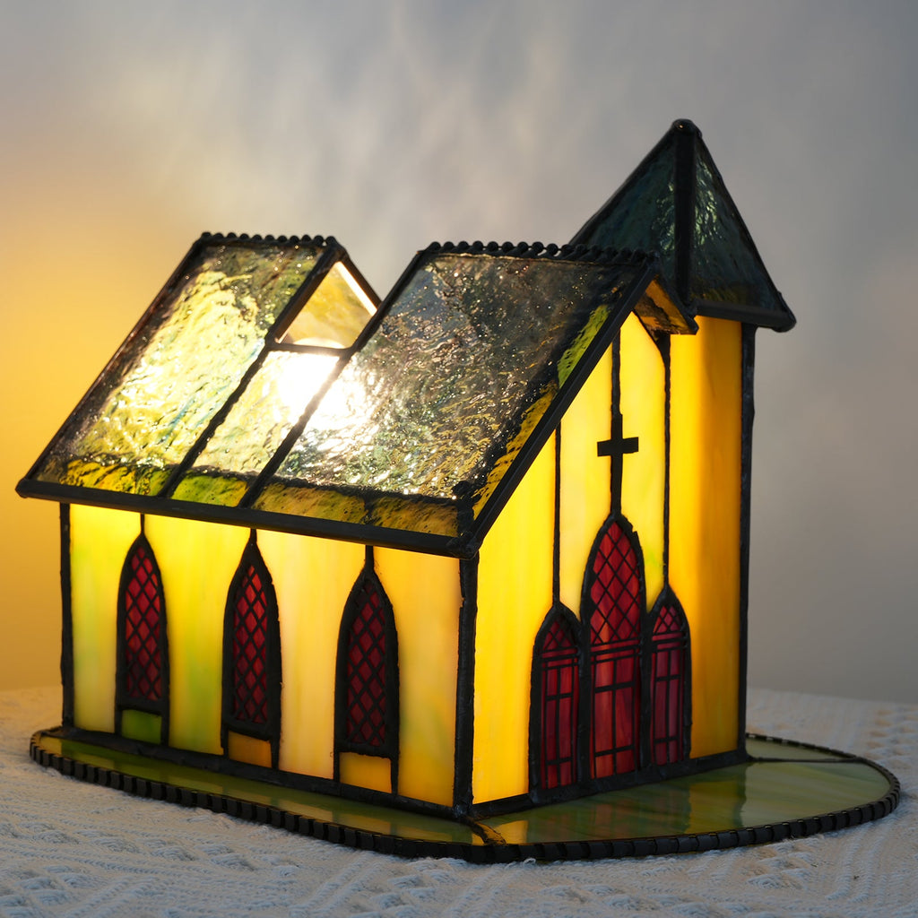 Church Table Lamp in Amber Stained Glass with Textured Roof