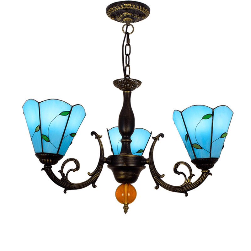 Classic Bronze Chandelier with 3 Blue Glass Leaf Lights