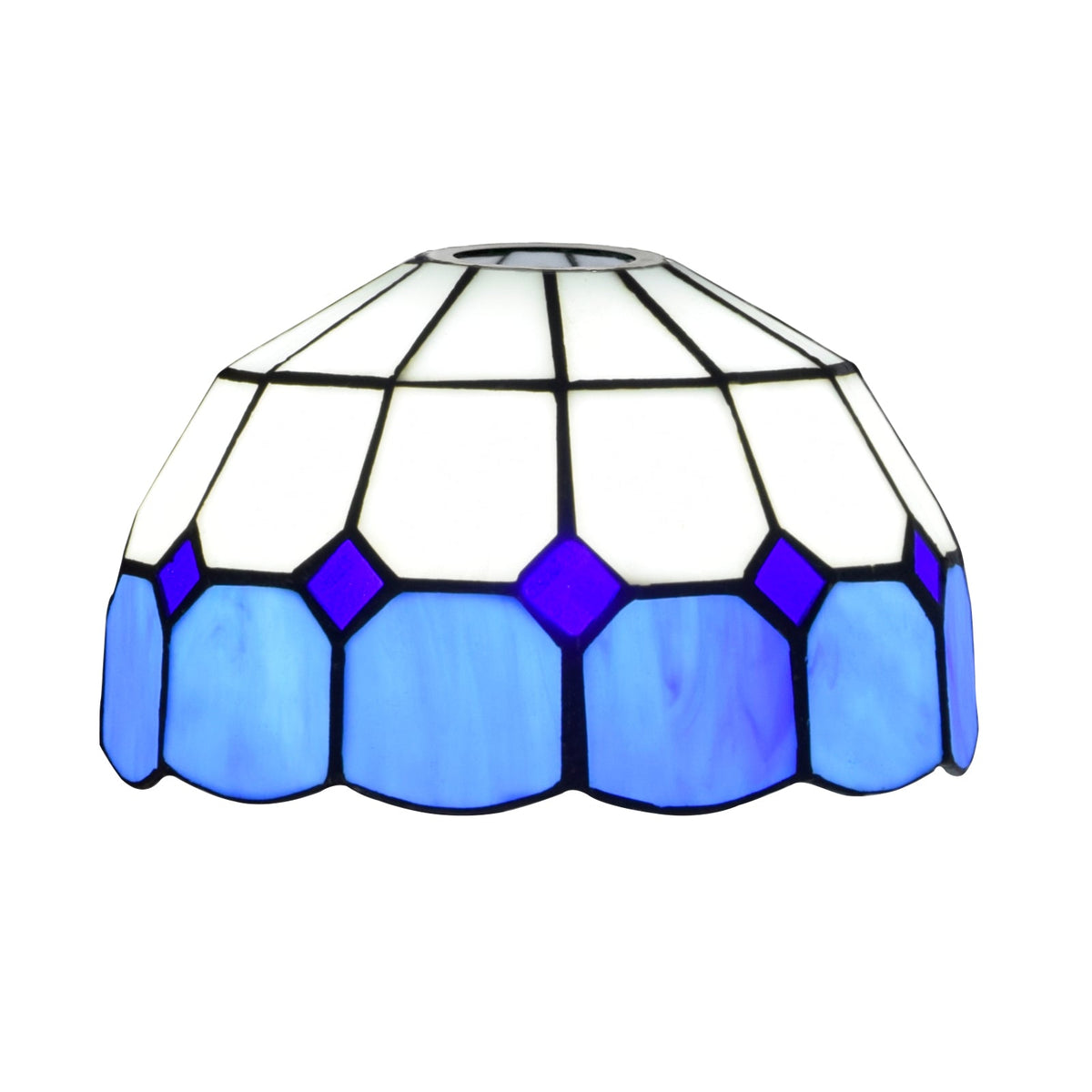 Conical lampshade in white and blue scalloped stained glass