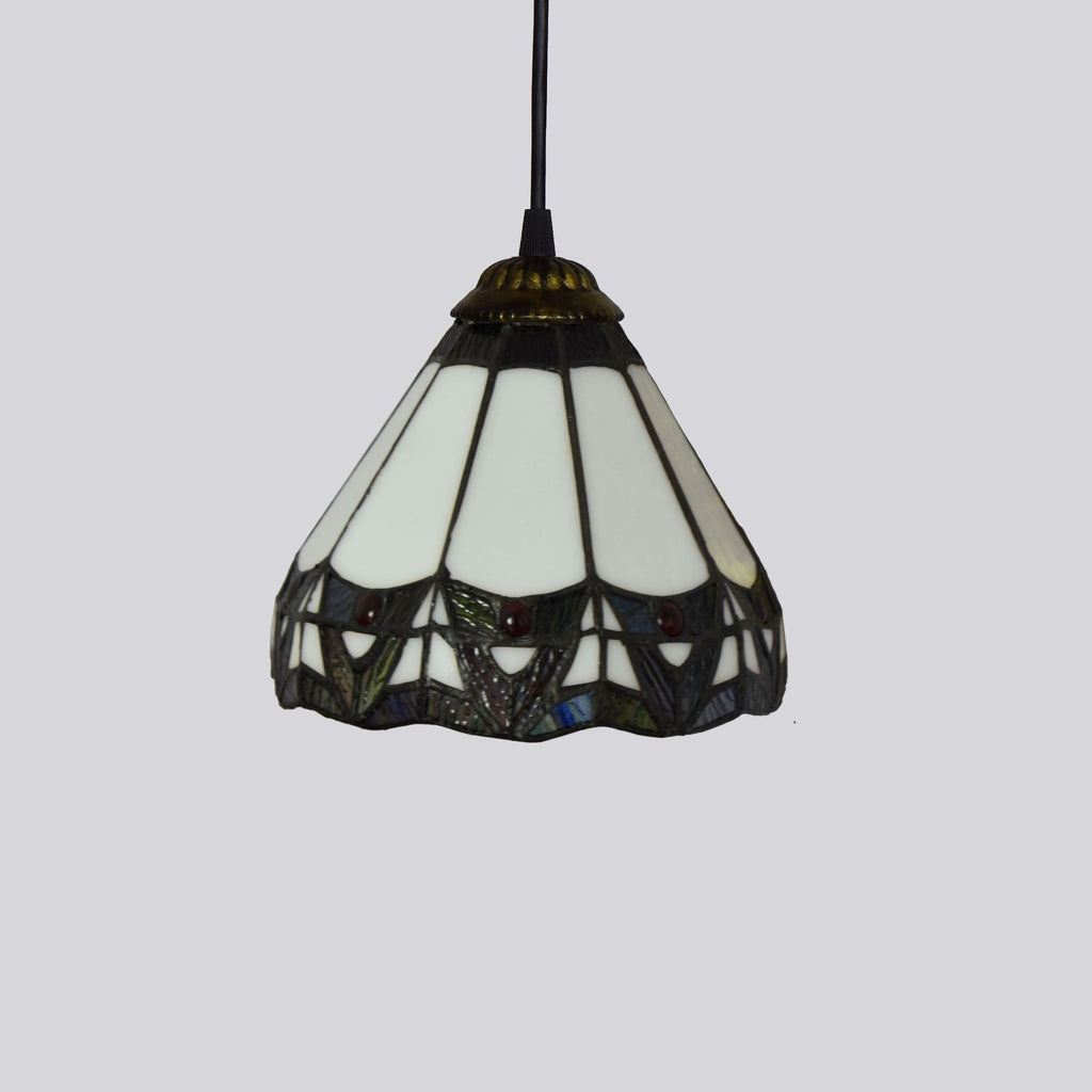 Conical pendant light in white Tiffany stained glass
