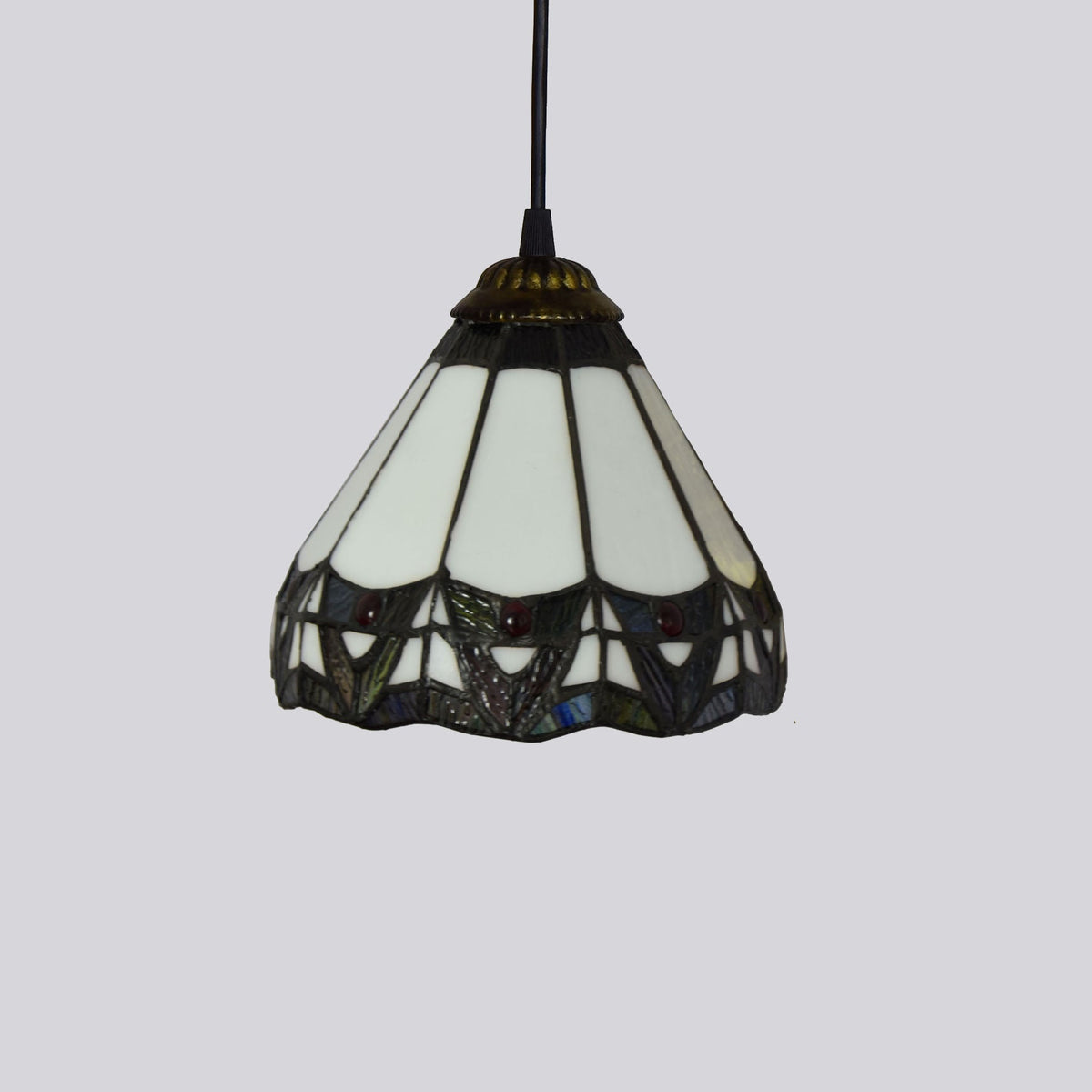 Conical pendant light in white Tiffany stained glass