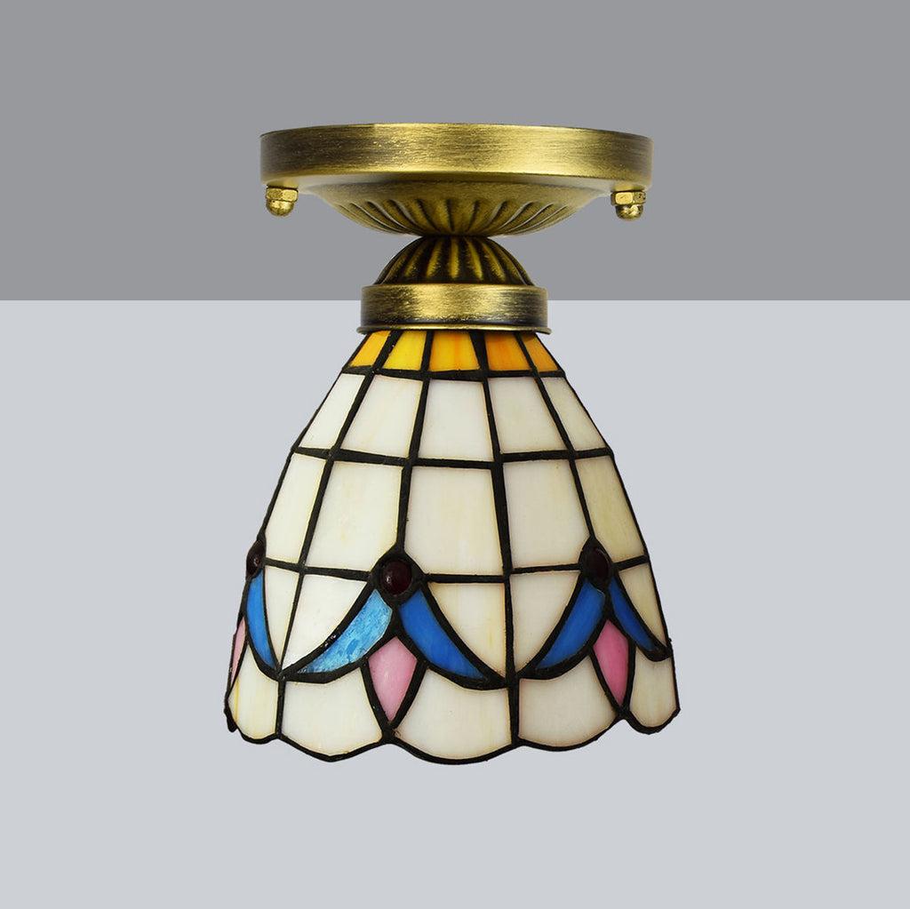 Cream Tiffany Stained Glass Ceiling Light with Blue Pattern