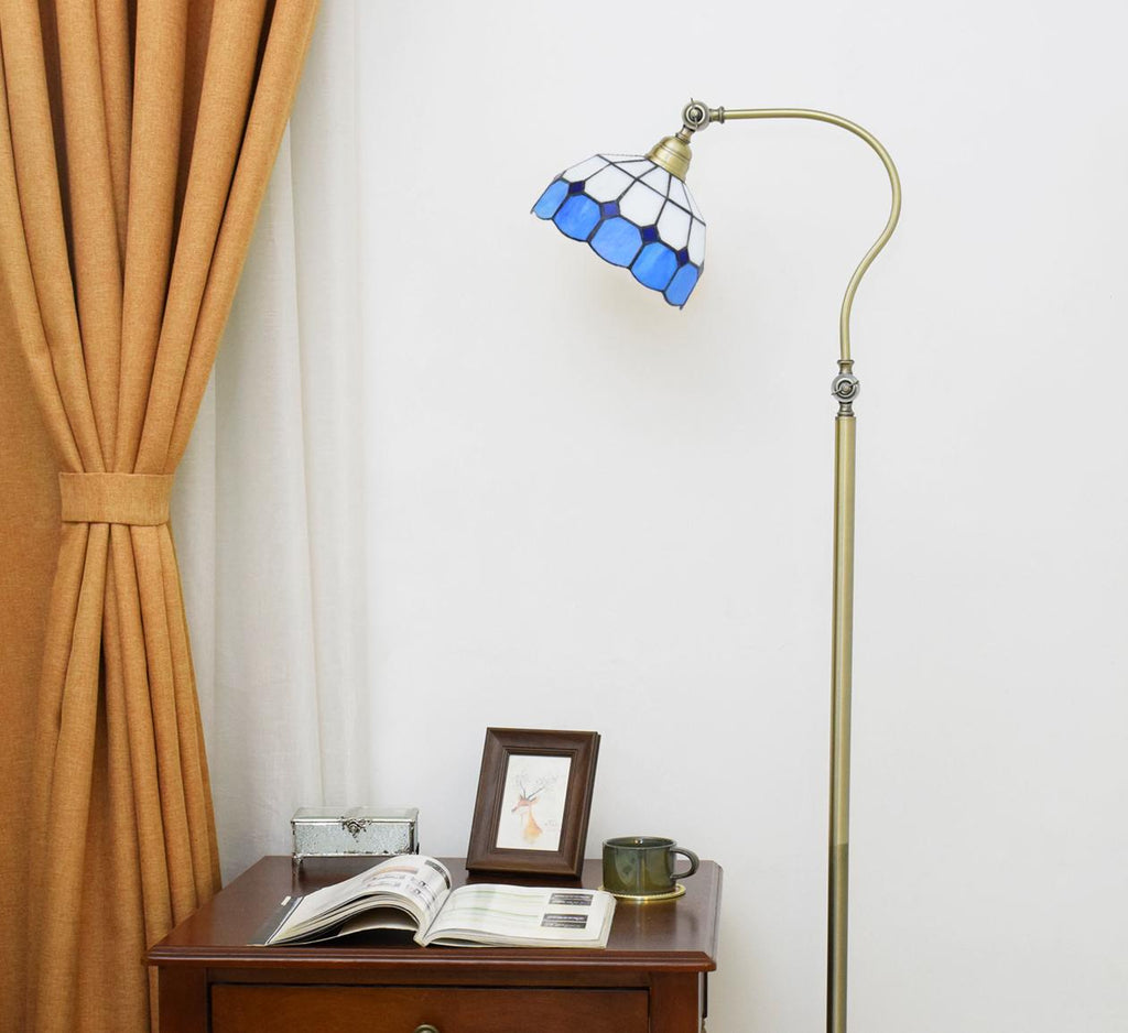 Curved Brass Floor Lamp with Blue Glass Shade