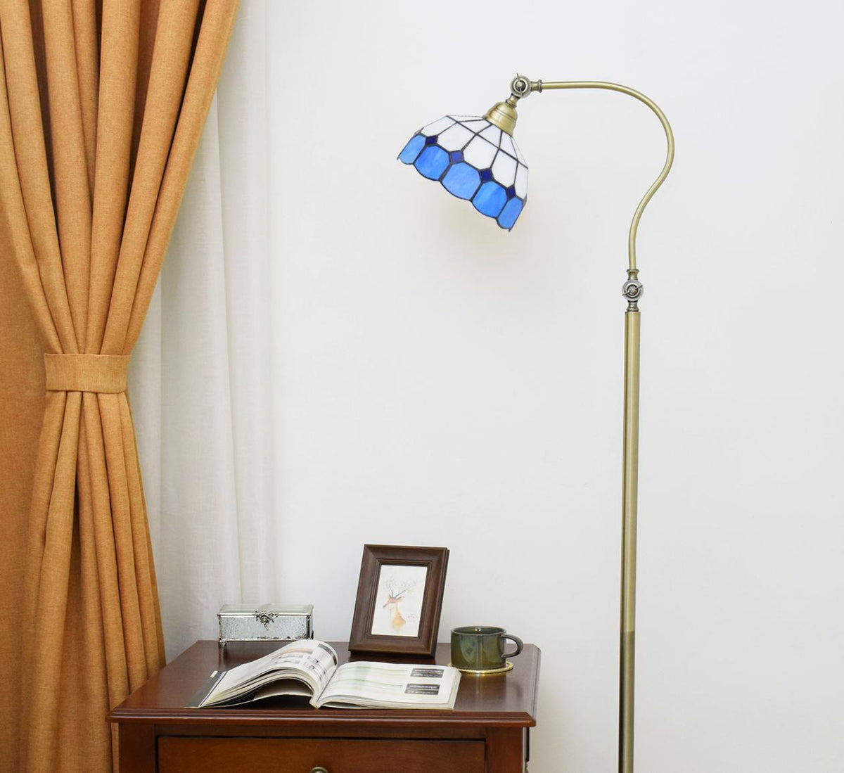 Curved Brass Floor Lamp with Blue Glass Shade