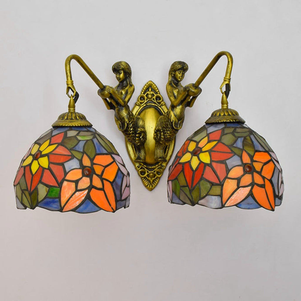 Double Bronze Wall Sconce with Stained Glass Mermaids