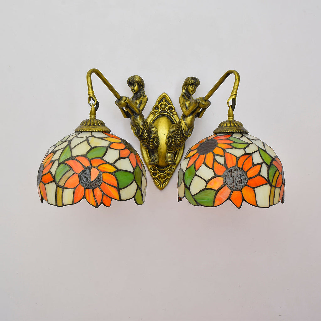 Double Mermaid Wall Sconce, Tiffany Style, Sunflower