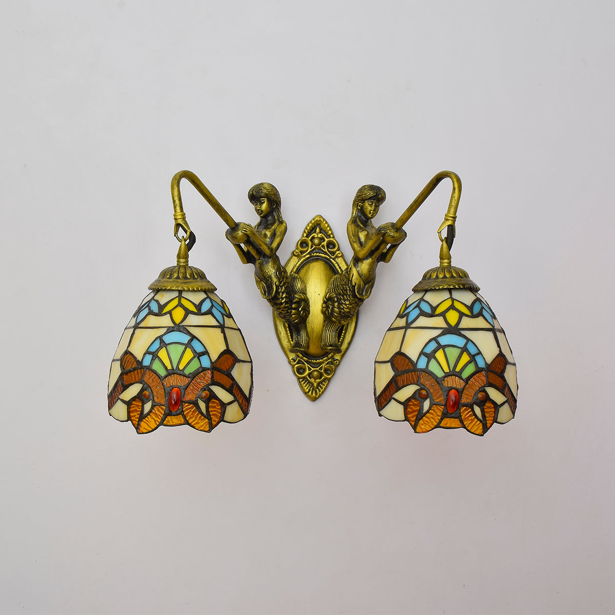 Double Stained Glass Wall Sconce with Mermaids, Antique Brass
