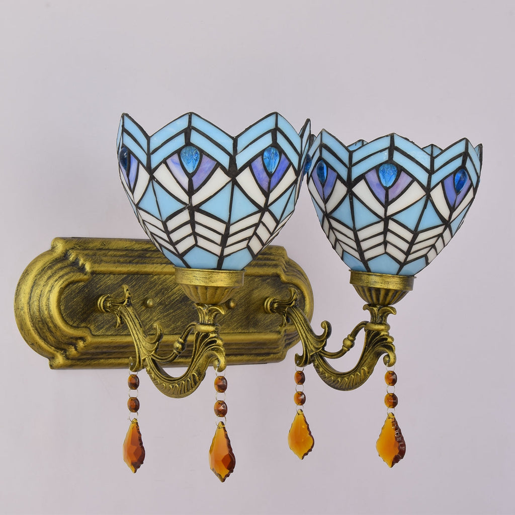 Double Tiffany Style Wall Sconce in Blue and Gold Glass