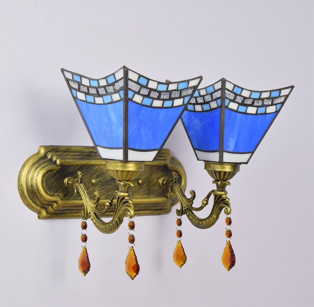 Double Wall Sconce in Blue Bronze Tiffany Glass