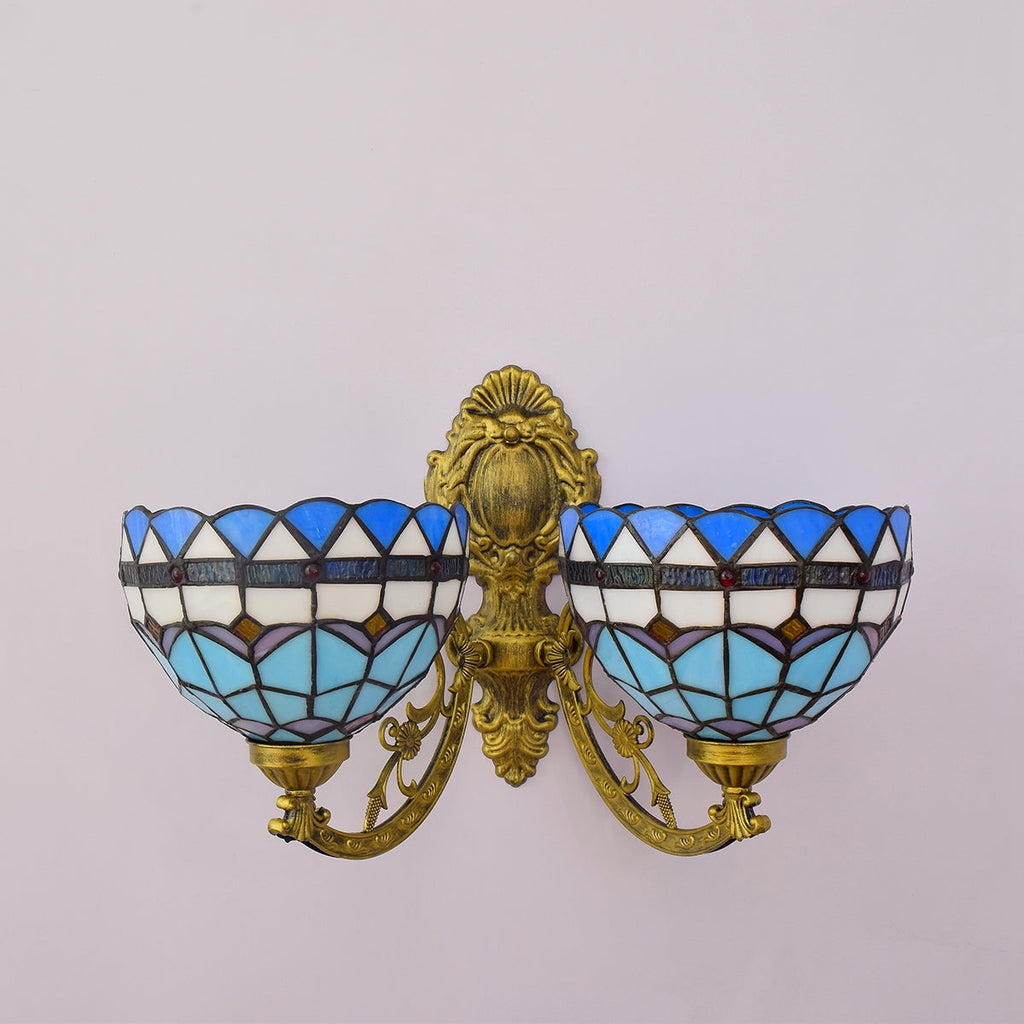 Double Wall Sconce in Blue Stained Glass, Tiffany Style