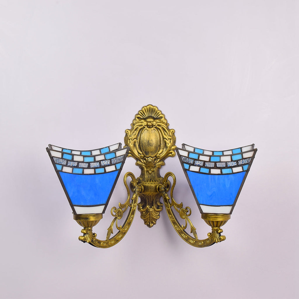 Double Wall Sconce in Brass and Blue Mosaic Glass