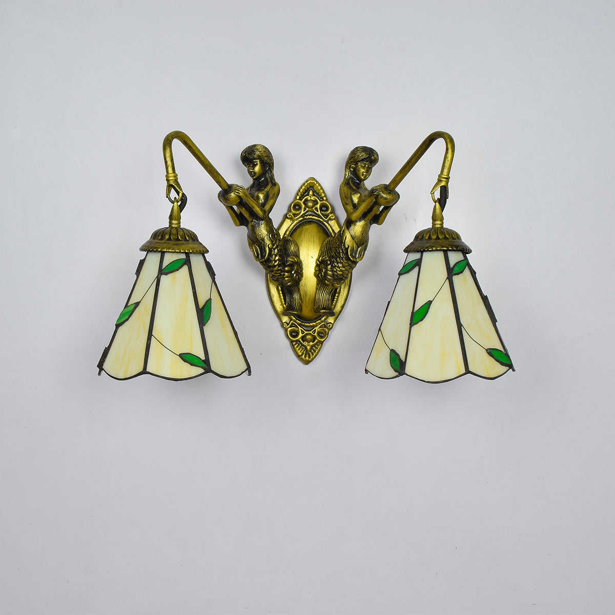 Double Wall Sconce of Stained Glass Mermaids and Leaves