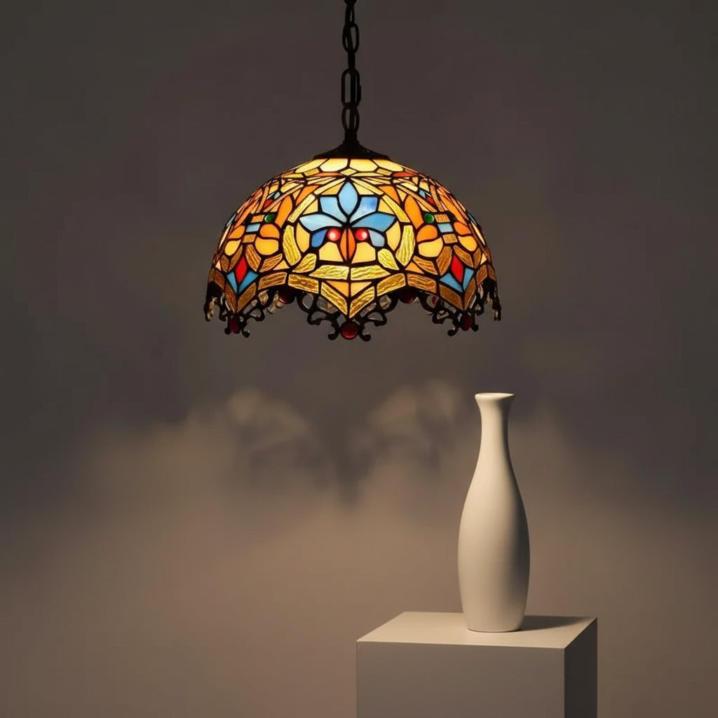 Floral Amber Glass Tiffany Pendant Light 30cm