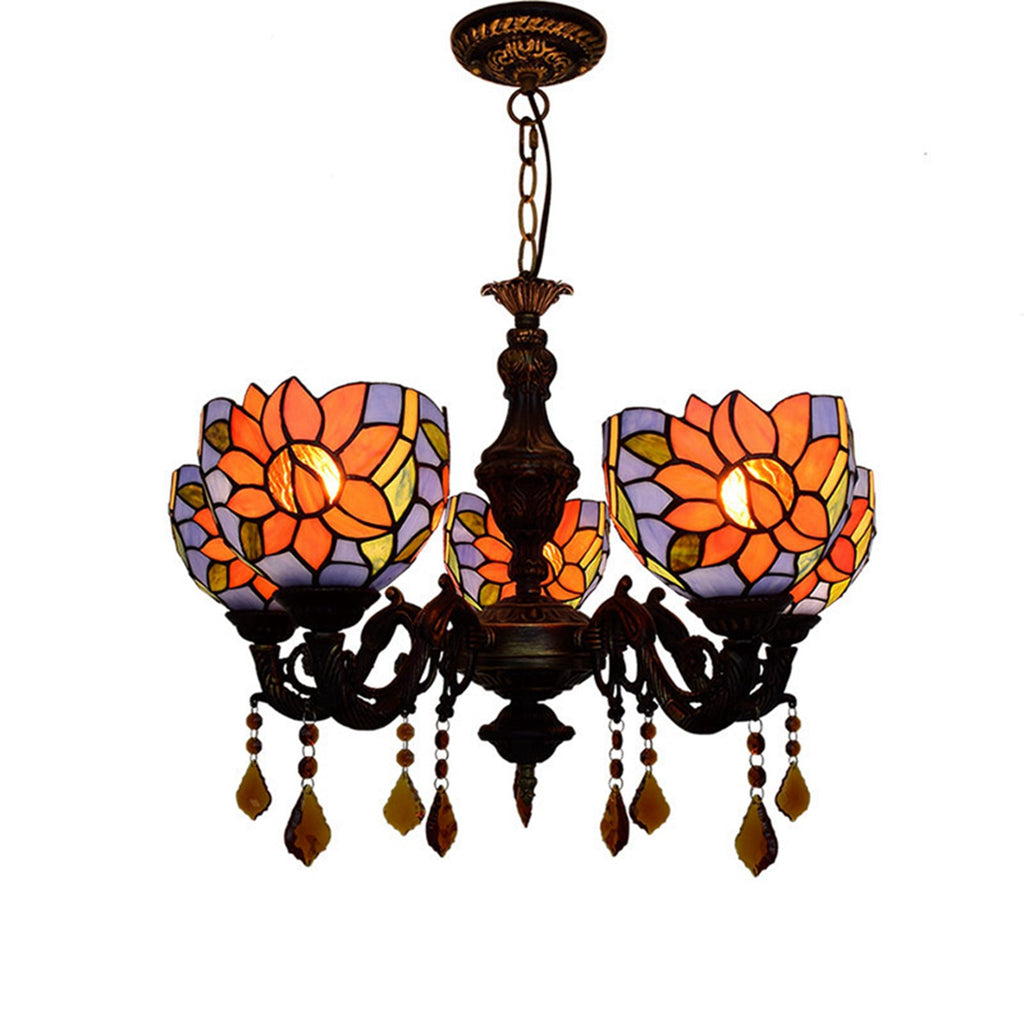 Floral and Crystal Tiffany Style Stained Glass Chandelier