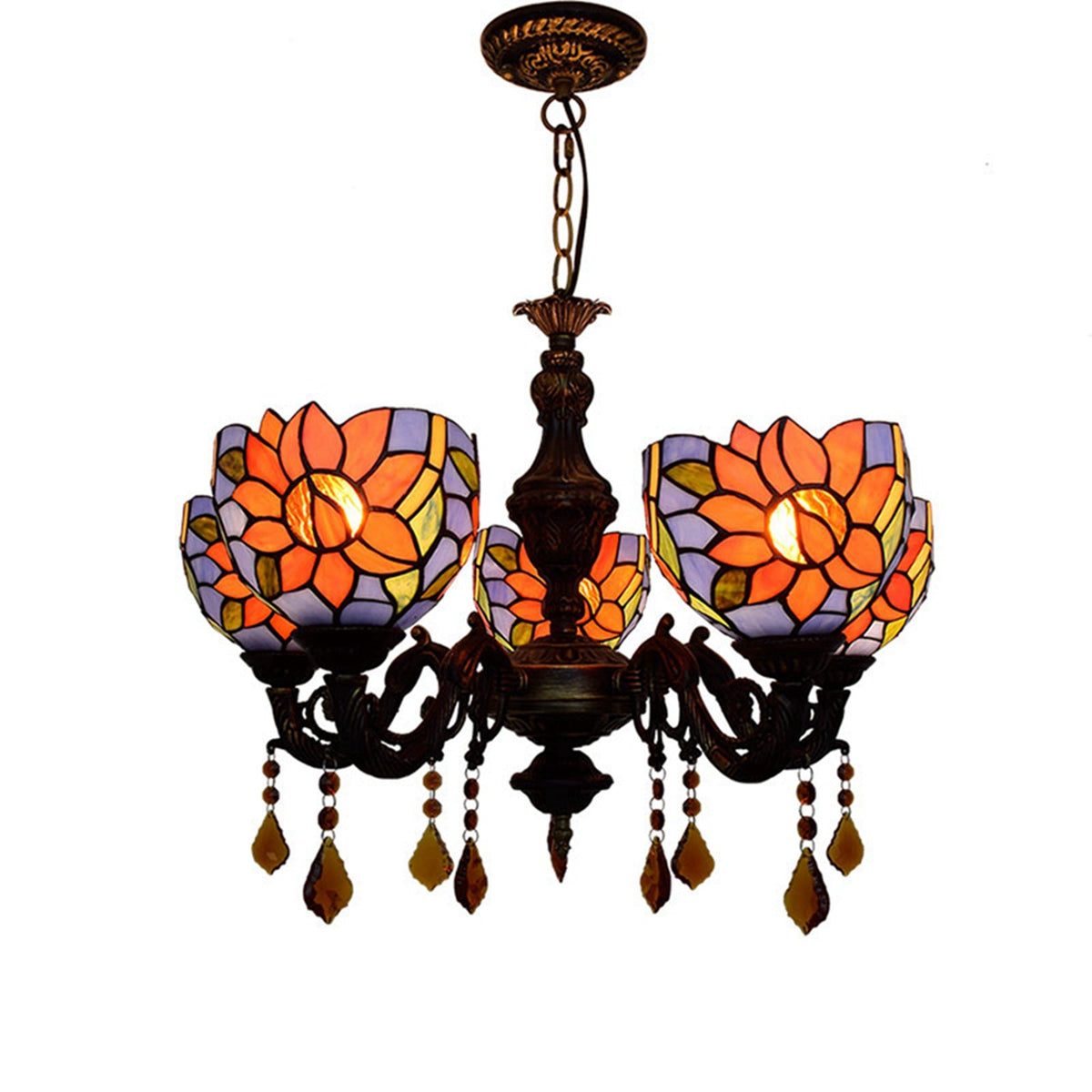 Floral and Crystal Tiffany Style Stained Glass Chandelier