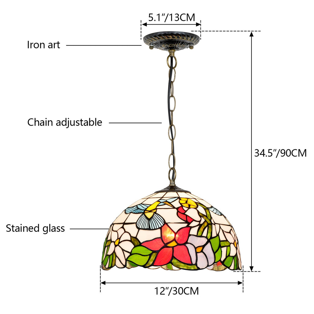 Floral and Hummingbird Tiffany Glass Hanging Pendant