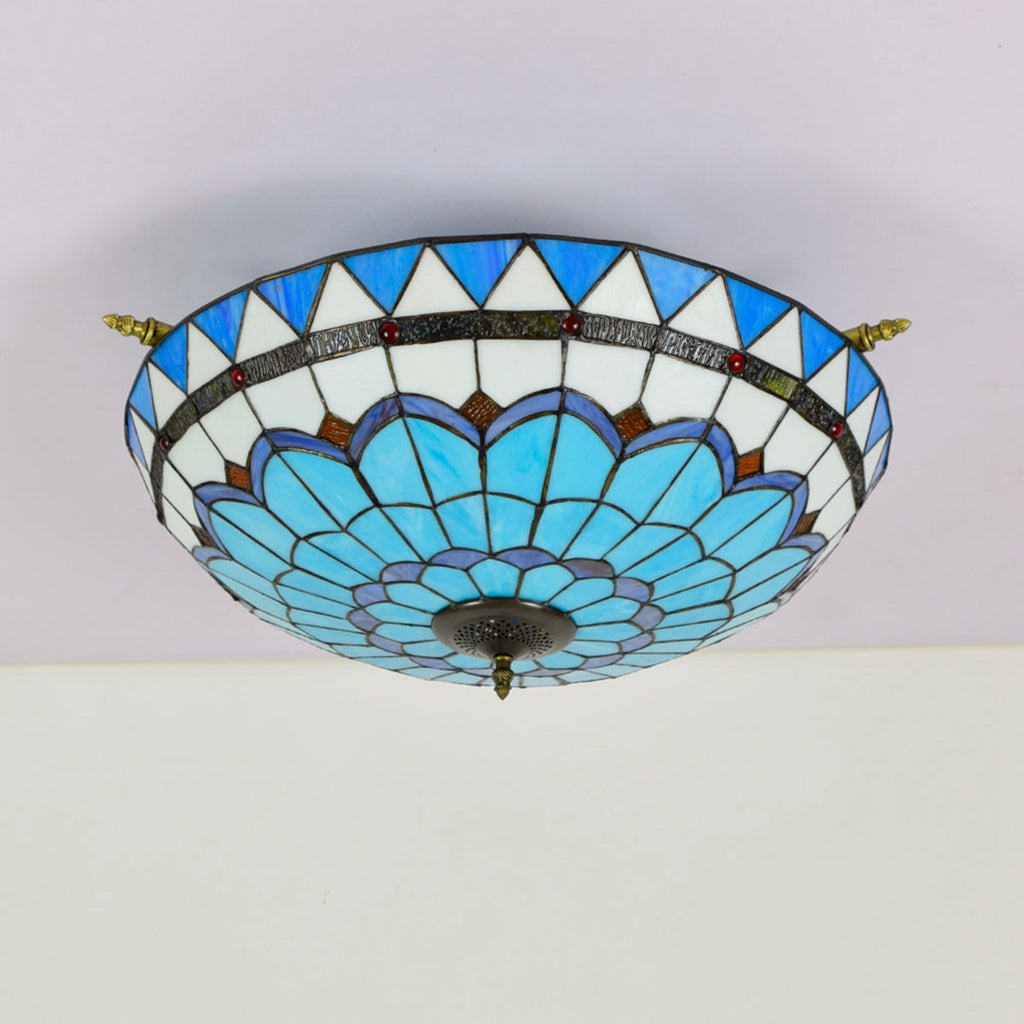 Floral Blue Tiffany Stained Glass Dome Ceiling Light