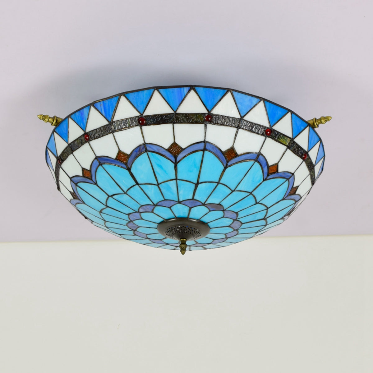Floral Blue Tiffany Stained Glass Dome Ceiling Light