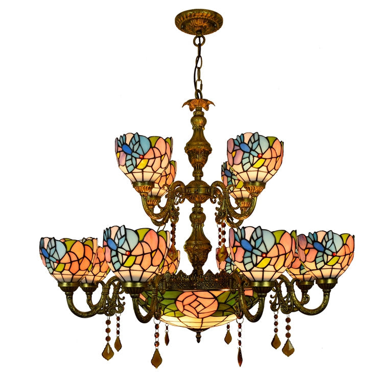 Floral Bronze Tiffany Style Stained Glass Chandelier