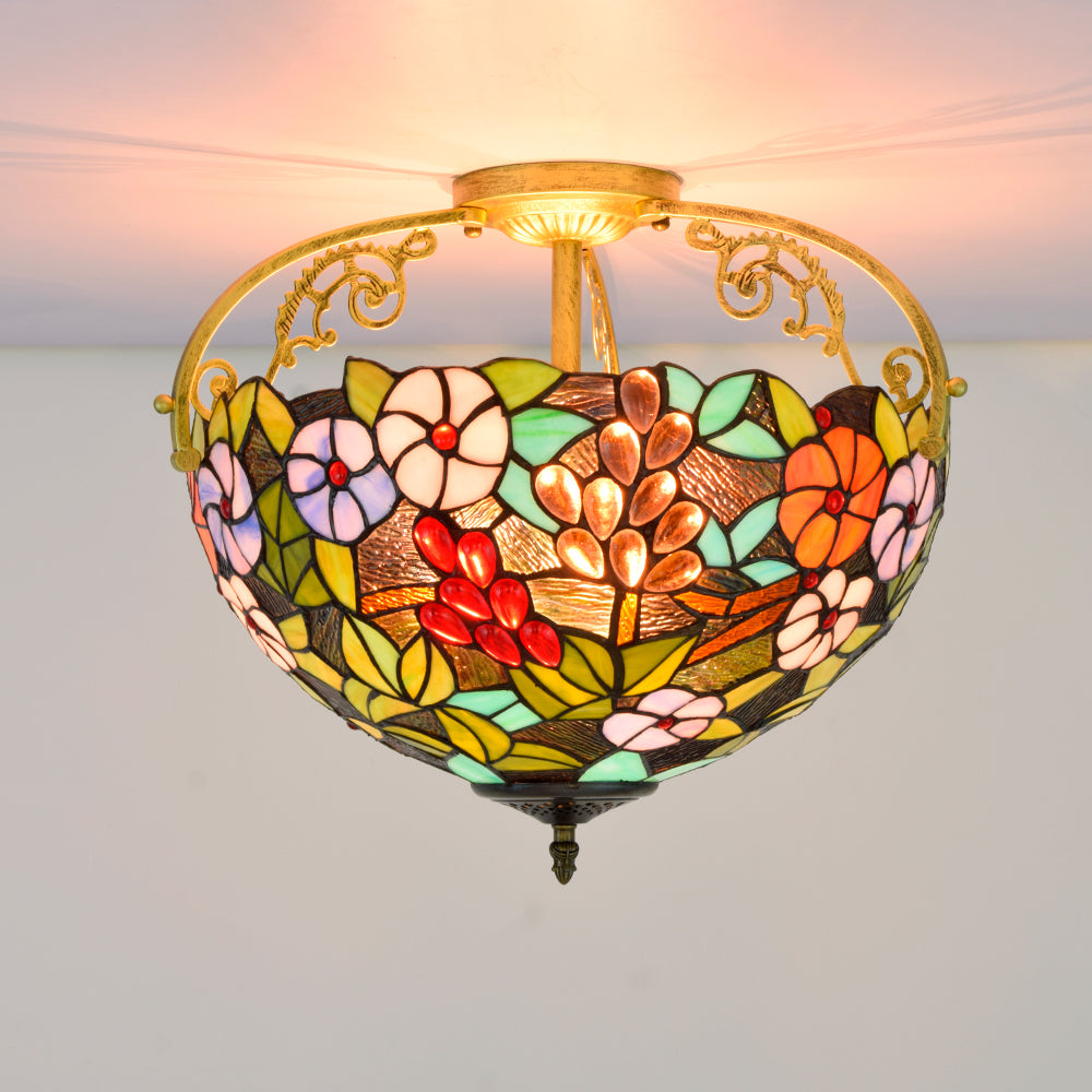 Floral Stained Glass Ceiling Light, Tiffany Style, Bronze