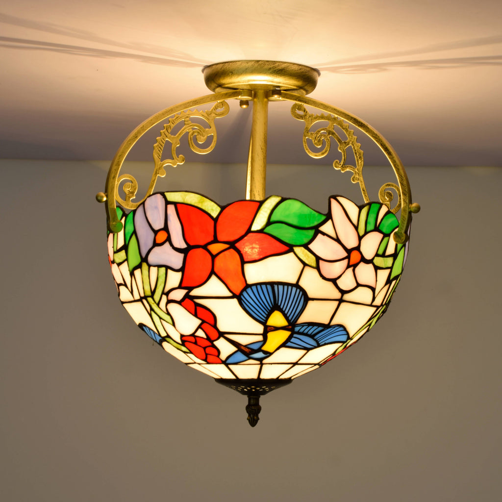 Floral Stained Glass Ceiling Light, Tiffany Style, Gold